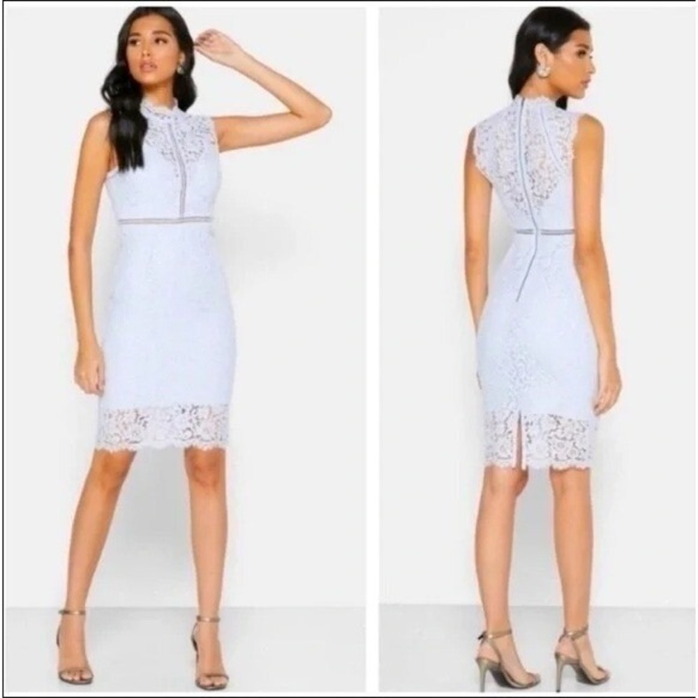 Bardot Sheer Lace Sheath Bodycon Dress High Neck Pastel Blue M 10 Sleeveless NEW